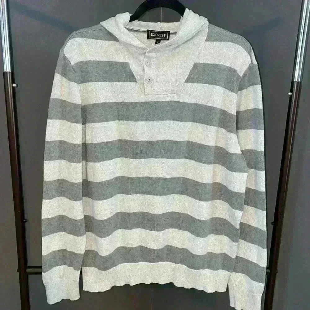 Men’s Express Gray Striped Sweater with hood size‎ Large